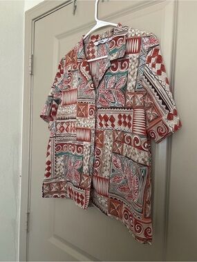 Cream & Teal Patterned Short-Sleeve Button-Down Shirt
